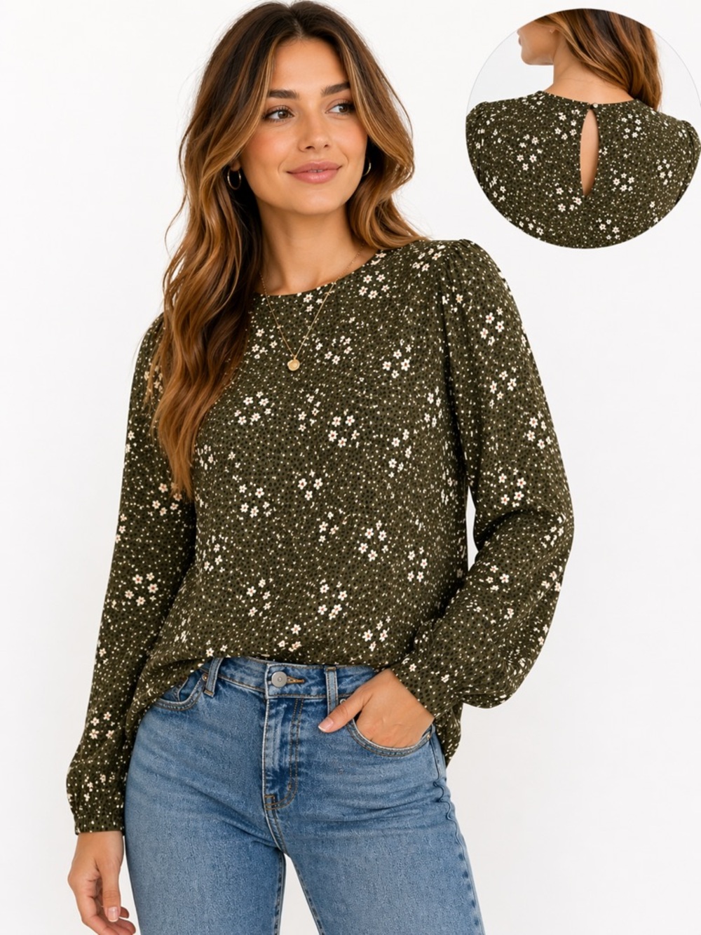 THML Floral Animal Print Blouse Green Keyhole Back Long Sleeve Small